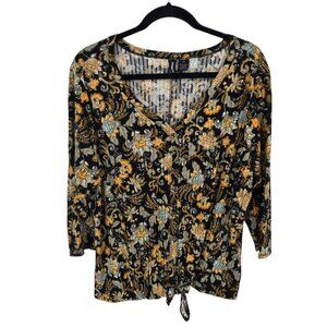 Kristin Nicole womens size 2x yellow black button up floral paisley tie knot top